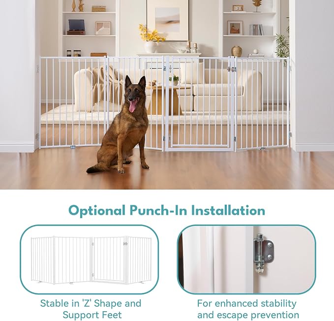 No Pawblems Full Metal Free Standing Dog Gate with Door, 36'' Tall | Foldable Dog Fence for Indoor & Outdoor, Up to 156 Inch Extra Wide Pet Gate for Stairs, Doorways, Deck, Yard, 6 Panels, White