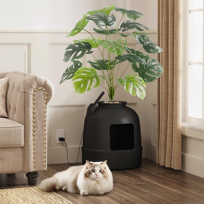 Lifewit Hidden Plant Cat Litter Box with Electric Odor Control System Black | Extra Large Enclosure Litter Tray with Carbon Filter& Odor Control, Aesthetic Cats Stuff for Living Room, Bathroom, Corner