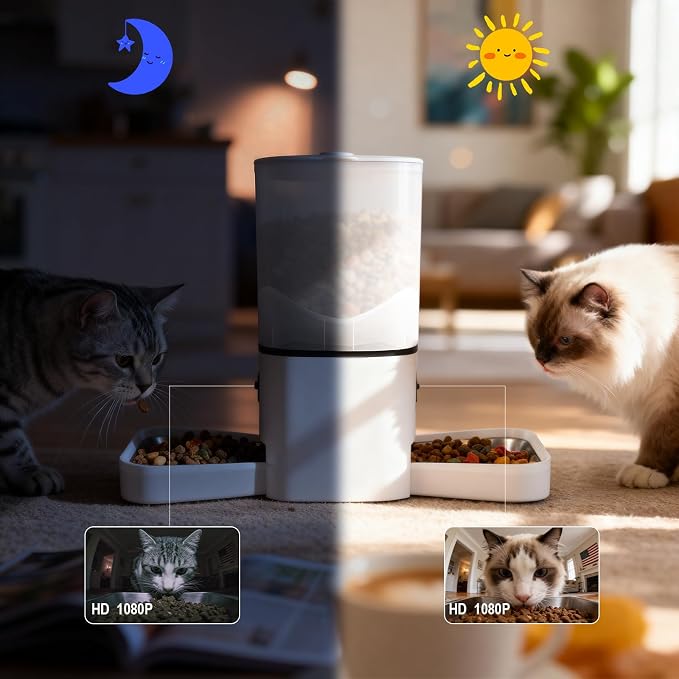 Automatic Cat Feeder with Dual HD Cameras for 2 Cats, Smart WiFi Pet Feeder with APP Control, Timed Feeding & Portion Control, 2-Way Audio, Night Vision, 5GHz/2.4GHz WiFi, 6L
