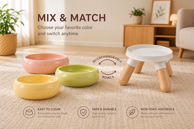 INW Elevated Ceramic Pet Bowl with Wooden Stand – Raised Cat & Dog Feeder, Interchangeable, Anti-Tip, Dishwasher Safe, 12 oz, Easy to Clean – Pink
