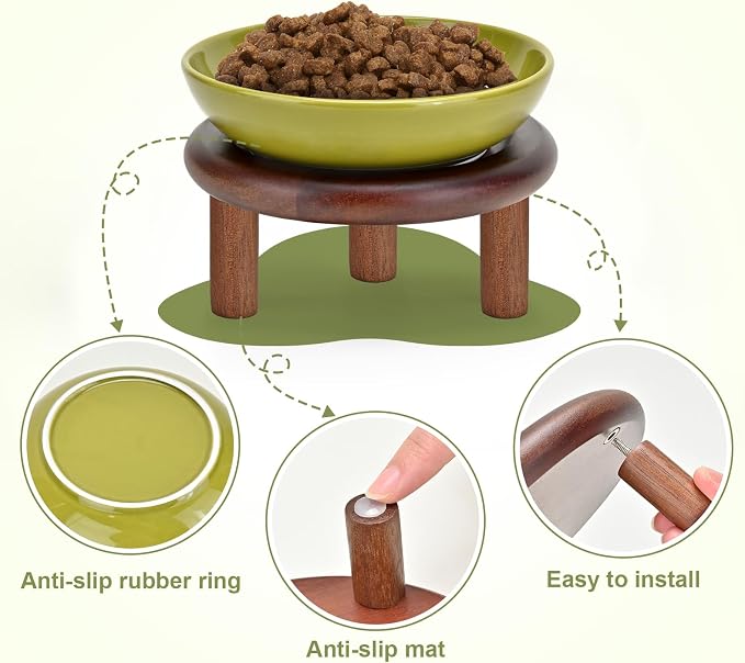SPUNKYJUNKY Extra Wide Elevated Ceramic Cat Bowl with Acacia Wood Stand Whisker Friendly (Cat Paw Pattern, 2 Pack, Green)
