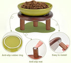 SPUNKYJUNKY Extra Wide Elevated Ceramic Cat Bowl with Acacia Wood Stand Whisker Friendly (Cat Paw Pattern, 2 Pack, Green)
