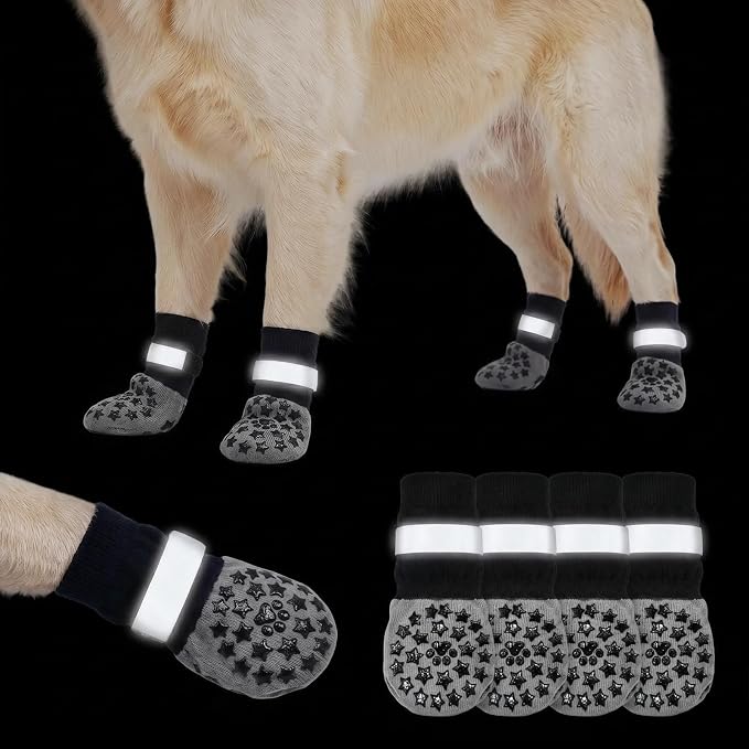 Anti Slip Dog Socks to Prevent Licking Paws Reflective Safety Dog Shoes for Hot Pavement Winter Dogs Boots & Paw Protectors with Grippers for Hardwood Floors Small Medium Large Dogs (Star, M)