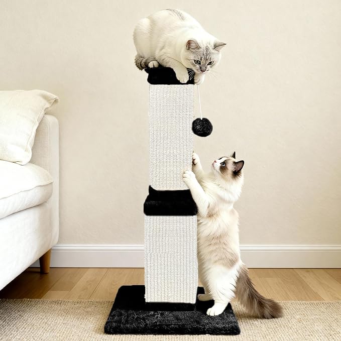 Cat Scratching Post for Indoor Cats, 32Inch Sisal Cat Scratcher | Wide Stable Base, Full-Body Stretching Cat Scratch Post, Heavy Duty Post for Cat Adults to Protect Furniture, Black and White