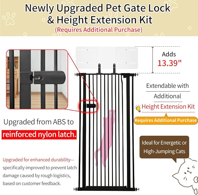 Lumizone Extra Tall Cat Gate 55.12" High 29.92"-42.51" Wide Pet Gate Black | Dog Gate for Doorway Hallway Stairs Pressure Mounted Extra Wide 1.37" Gap No Drilling Auto-Close One-Handed Operation