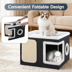 Shikha Cat House Bed for Indoor Cats with Fluffy Ball and Scratch Pad Black | Foldable Large Cat Cave Hideaway with Cozy Condo, Hide and Seek Window, Holds Up to 30LBS, All Season Reversible Cushion