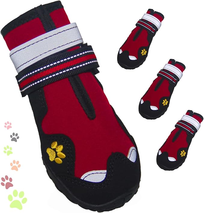 Dog Shoes for Large Dogs, 360°Anti Slip Medium Dog Boots & Paw Protectors Winter Snowy, Waterproof 4Pcs Dog Booties with Reflective Strips (Size 2: 1.77''x2.3''(W*L), Red)