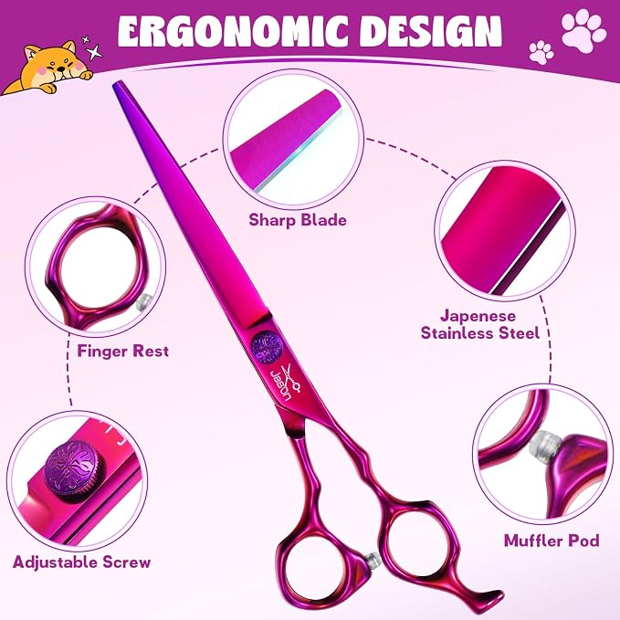 JASON Dog Grooming Scissors Set - 7" Purple 6-in-1 Professional Shears | Thinning, Straight, Up-Curved, Down-Curved Scissors and Comb for Dog Cat Pet with Adjustable Screw