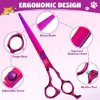 JASON Dog Grooming Scissors Set - 7" Purple 6-in-1 Professional Shears | Thinning, Straight, Up-Curved, Down-Curved Scissors and Comb for Dog Cat Pet with Adjustable Screw