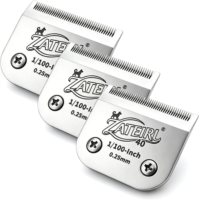 Size 40 Detachable Pet Grooming Clipper Blade with Ceramic Cutter, 0.25mm 1/100 Inch Cut Length, Silver, Compatible with Andis, Oster A5, Wahl KM10, 3 Pack