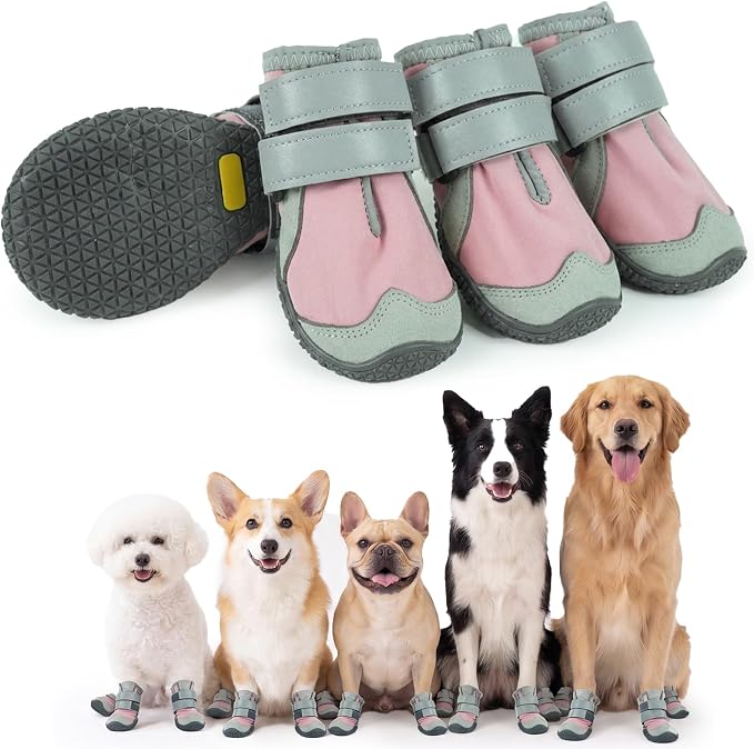 Allroaring 4PCS Dog Shoes for Hot Pavement, Anti-Slip Dog Boots Pink-2 | Non-Slip Rubber Sole, Durable Reflective Straps, Paw Protector for Snow & Hot Pavement, for Medium Large Dogs – Pink/Black