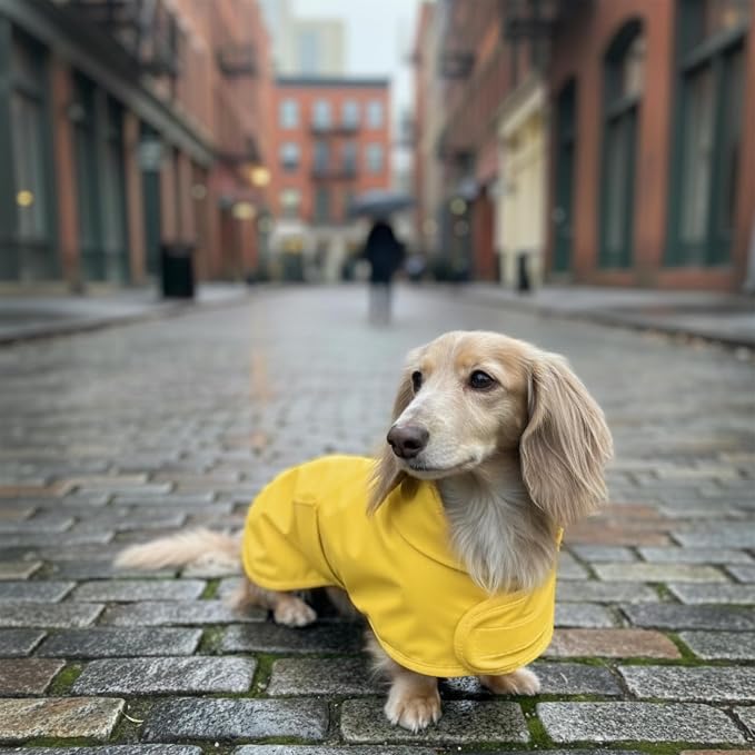 Dachshund Raincoat - Waterproof & Windproof Dog Jacket for Long Weiner Dogs, Adjustable Fit, Harness Hole - Yellow, Small