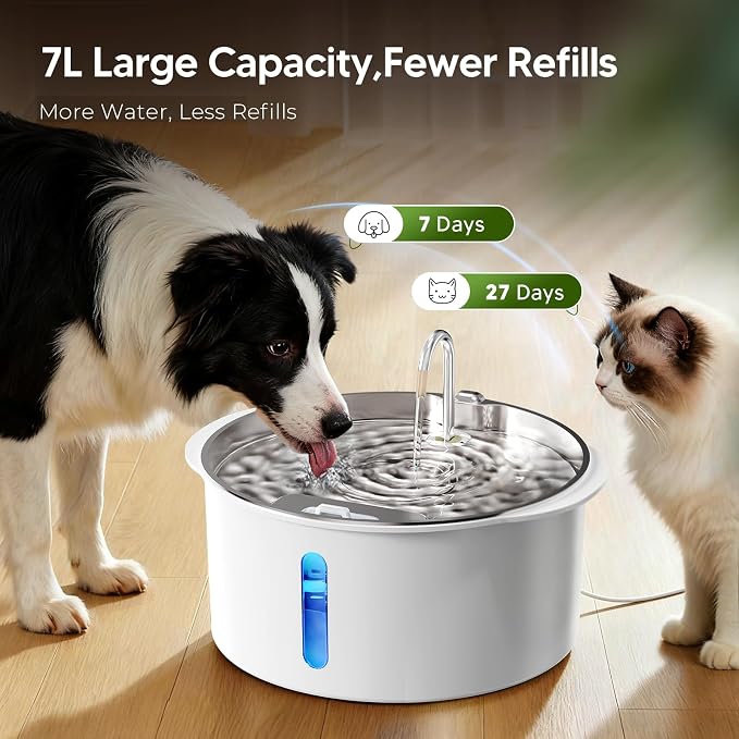Pektaco Dog Water Fountain for Large Dogs, Stainless Steel Tray, 3 Filters | 7L/1.8 Gal, 4-Layer Filtration, Viewing Window, LED Water Level Indicator, Super Quiet Pump, Easy to Clean, BPA-Free