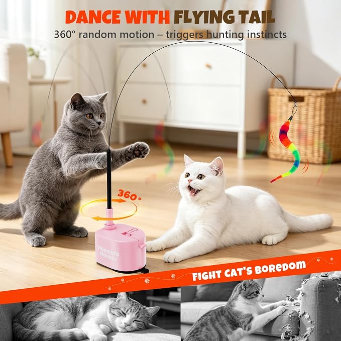 Interactive Cat Toys For Indoor Cats, 360° Flying Automatic Cat Toy, Pink | Rechargeable, Strong Suction Base, Self-Play & Handheld, Electric Spin Game Enrichment Toy, Long Kitty Wand for Bored Cats