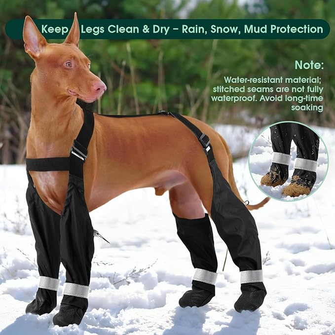 Waterproof Dog Suspender Boots, Black, M | Reflective, Anti-Slip, Adjustable Straps for Small Medium Large Dogs, Stay-On Paw Protector Leggings