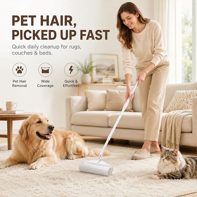 Large Lint Roller Pet Hair Remover, Long Handle Floor Roller, 6 Refills 600 Sheets | Switch from 8.7 in handheld control to 47.2 in reach for carpets, couches, cars, and narrow spaces under beds and sofas.