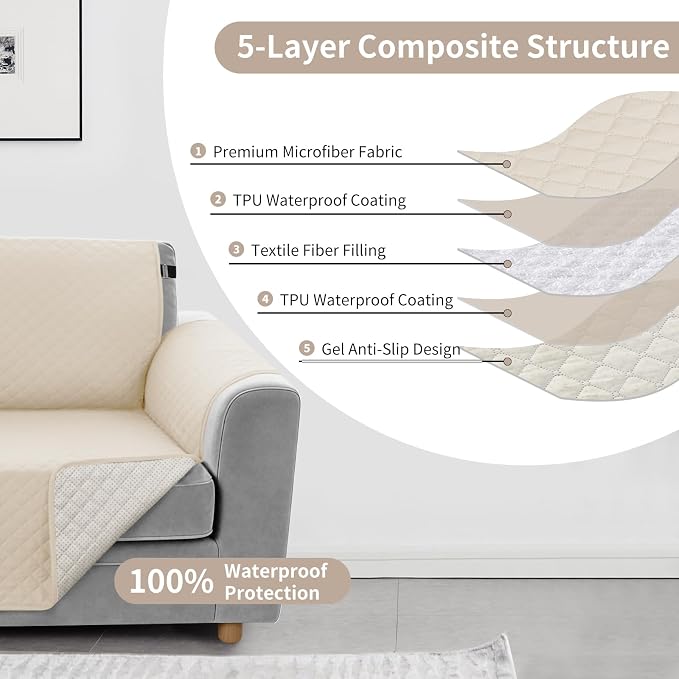 100% Waterproof Couch Cover for Dogs with Non-Slip & Side Pockets 23", Furniture Protector Sofa Covers, Washable Cushion Covers for Pets Kids Cat-Armchair Beige