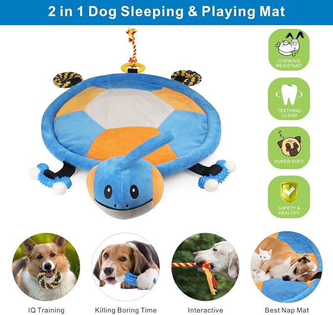 Idepet Dog Play Mat,Puppy Toy Mat with Chew Toys Multiple Dog Puzzle Interactive Toy Pet Playing Mat for Small Medium Dogs Cats,All-in-One (Turtle) | Dog Puzzle,Interactive Toy Pet Bed,for Small Medium Dogs Cats,All in one