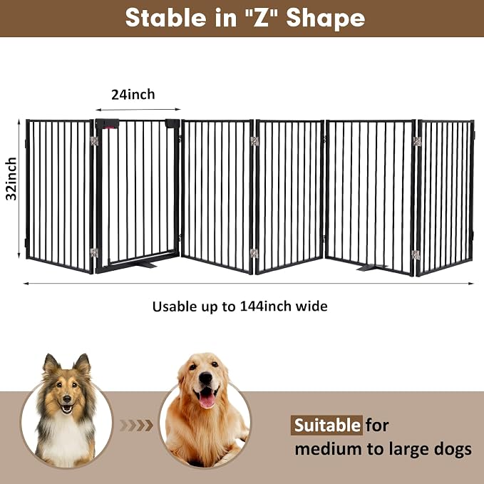 Metal Freestanding Dog Gates with Door,Extra Wide 24", 32" Height Foldable Dog Fence for Indoor & Outdoor, Heavy Duty Freestanding Pet Barrier for Stairs, Doorways, Halls, Kitchen,Yard,Christmas Tree