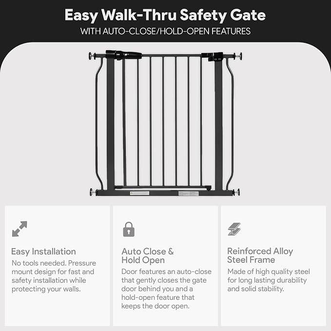 BalanceFrom Easy Walk-Thru Safety Gate for Doorways and Stairways with Auto-Close/Hold-Open Features, 30-Inch Tall, Fits 29.1-33.8 Inch Openings, Graphite | with Hold-Open and Auto-Close – Adjustable Steel Barrier for Stairs, Doorways, and Hallways, No...