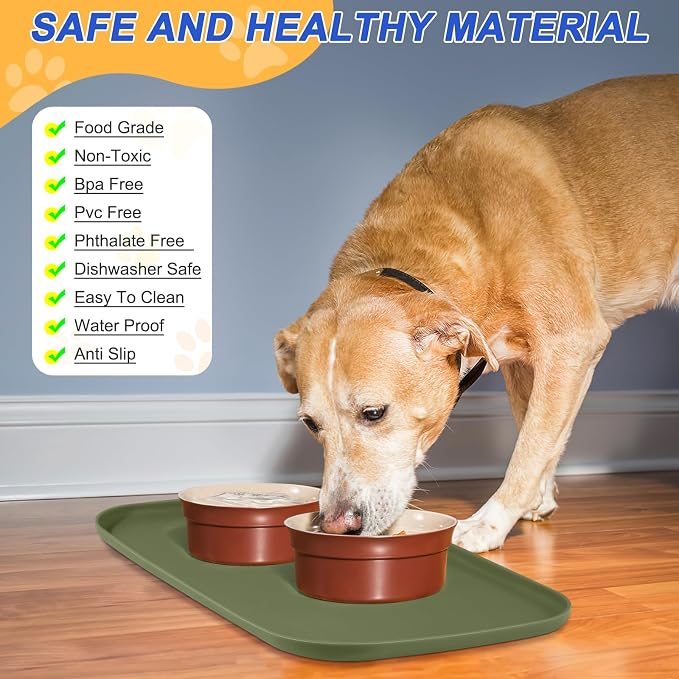 SMILOOL Silicone Pet Food Mat with Raised Edge for Food and Water Bowl, Dog Feeding Mats, Cat Food Trays for Floor Waterproof, Rubber Tray for Dogs and Cats, 22 x 14 x 0.8 Light Olive Green