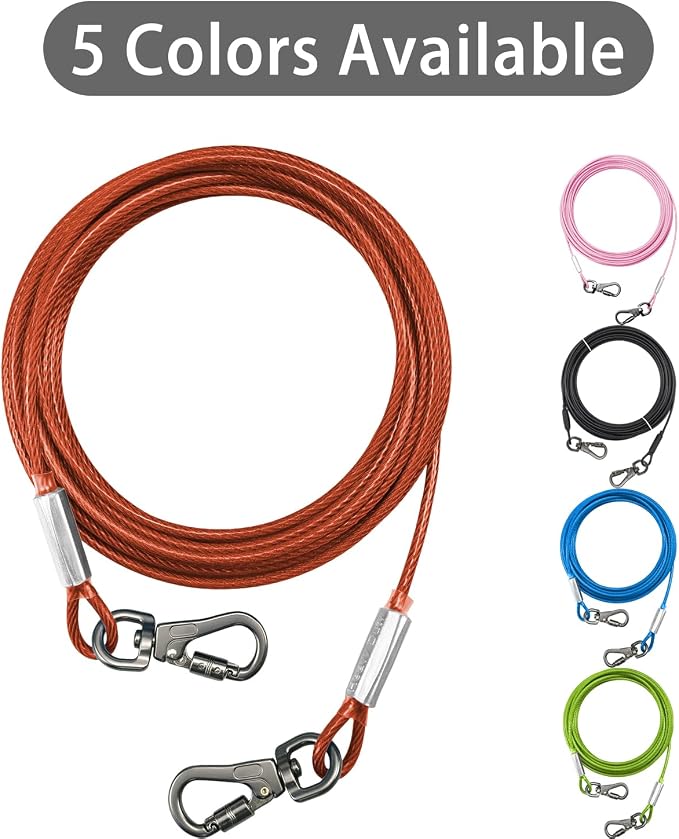 Dog Tie Out Cable - Chew Proof Steel Wire Lead - 360° Tangle Free Outdoor Leash for Pups - Dog Runner Cable for Small to Medium Dogs (Red, 45lbs/30ft)