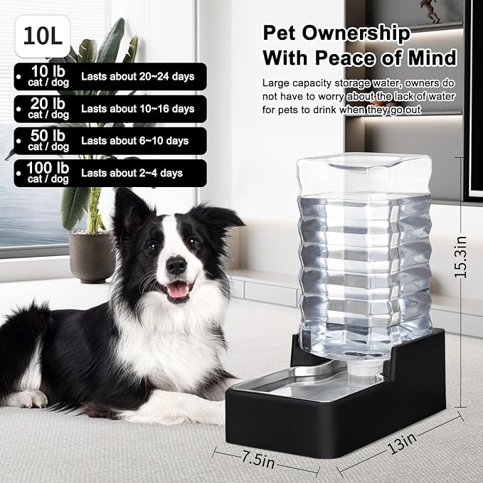 RIZZARI 10L Automatic Dog Water Dispenser with 304 Stainless Steel Bowl | Gravity-Fed Refill,Spill-Resistant,Detachable for Cleaning,Stable Anti-Tip Base,Food-Grade Materials,for Daily Hydration