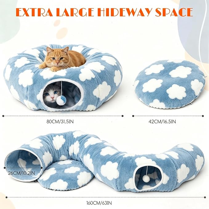 Cat Tunnel Bed with Toys – Large Collapsible Play Tube (Blue) | Soft Tube for Indoor Kittens & Adult Cats – Perfect for Hide & Seek, Pouncing, and Cozy Napping, Space-Saving & Foldable