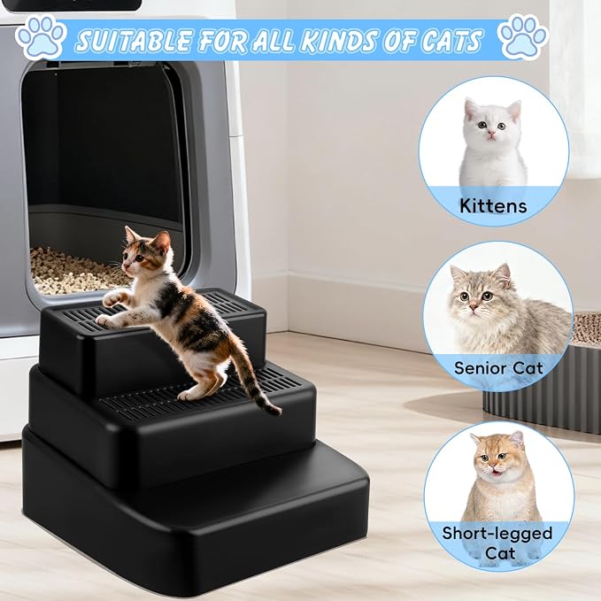 3 Step Litter Box Ramp Adjustable Detachable Litter Box Step, Black