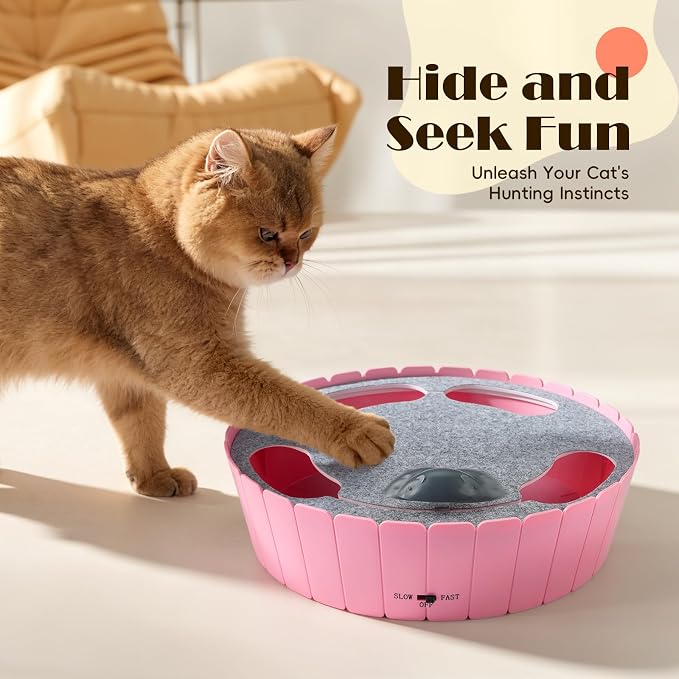 Pawaboo Interactive Cat Toy with Running Mouse, Automatic Track Kitten Toy | Electronic Motion Cat Toy for Indoor Cats, Pop and Play Hide Seek Cats Toys Hunting Mouse for Kitty Play Exercise, Pink