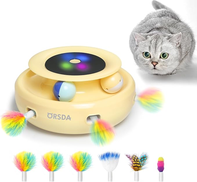 ORSDA Cat Toys 2-in-1 Interactive Cat Toys for Indoor Cats, Automatic Cat Toy Balls, Ambush Feather Kitten Toys with 6pcs Feathers, Dual Power Supplies, Adjustable Speed, Auto On/Off