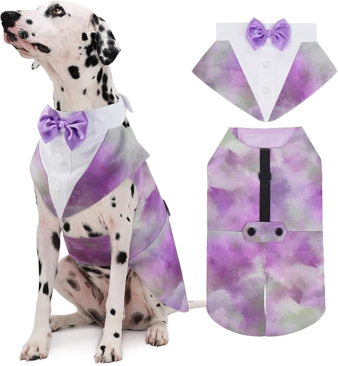 Kuoser Dog Tuxedo, Dog Suit and Bandana Set, Dogs Costume with D-Ring | Formal Dog Outfit with Detachable Bowtie Collar for Wedding, Birthday, Party, Christmas, Halloween, Purple L