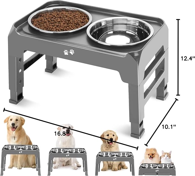 Elevated Bowls, 4 Height Adjustable Raised Stand With 2 Thick 50oz Stainless Steel Food Bowls, Non-Slip Feeder for Large Medium Dogs, Adjusts to 3.7", 9.2", 10.75", 12.36" Grey