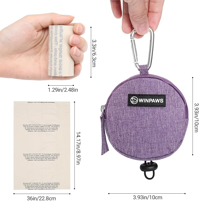 Dog Poop Bag Holder for Leashes- Dog Treat Pouch with Waterproof Zipper,Puppy Training Small Bag with Carabiner & Bungee Toggle,Two Pockets for Dry or Wet Treats-Pet Travel Walking Essentials (Purple)