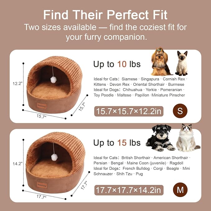 Cat Bed Cave with Pillow & Cat Toys, Cozy Cat Beds for Indoor Cats | 15.7in,Up to 10 lbs, Dual-Sided Cushion, Reversible Comfort for All Seasons, Semi-Enclosed Design, Machine Washable, Brown