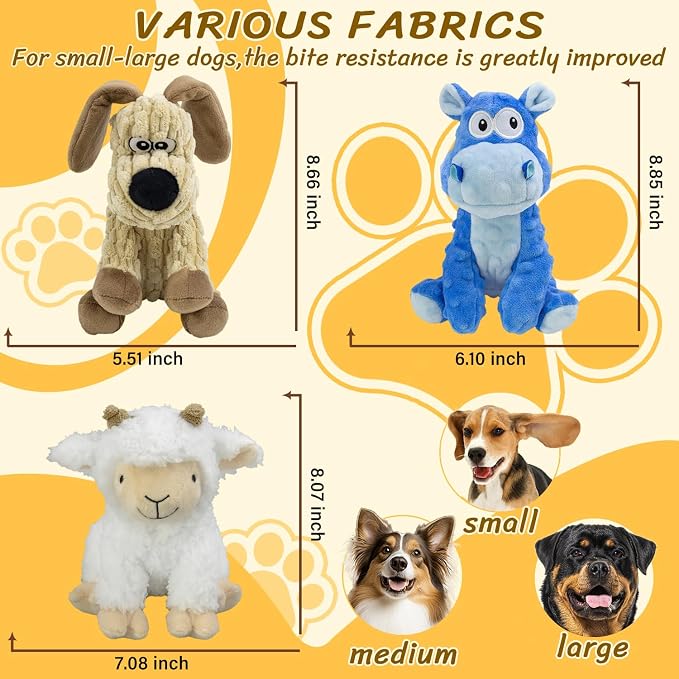 Squeaky Stuffed 3PCS Dog Toys, Chew for Large Medium Small Breeds | Plush with Crinkle Toys to Keep Puppy Busy, Teething, Fetching, Tossing, Tugging Interactive Toys for Indoor Outdoor play