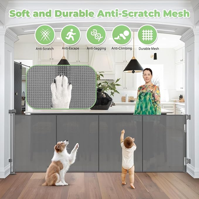 Reinforced 37" Tall x 155" Extra Wide Retractable Baby Gate, Indoor/Outdoor | Retractable Dog Gate for Large Openings, Space-Saving, Easy to Use, Scratch-Resistant Mesh, Safety Lock, Easy Install, Gray