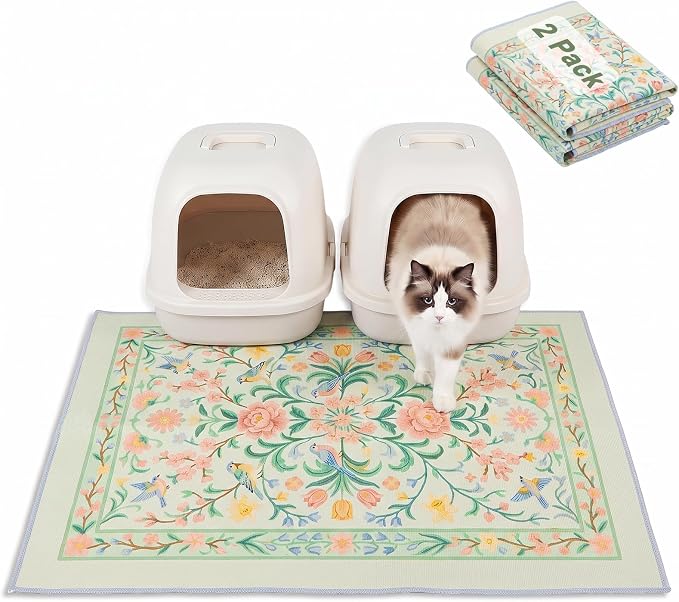Bienbee Cat Litter Mat, 2PCS 33"x22" Machine Washable Litters Box Mats Non-Slip &Waterproof Cat Litters Trapping Mats Easy to Clean Mat for Litter Box Less Waste Protects Floors Pastel Green L