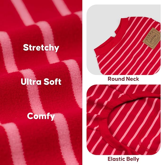 KYEESE Dog Pajamas, Soft 4 Legs Doggie Jammies, Striped Velvet Fleece Dog PJS, Pet Jumpsuit Puppy PJS, Stretchable Outfit Cozy Onesie Sleepwear Soft Pajamas, Red Striped, Small