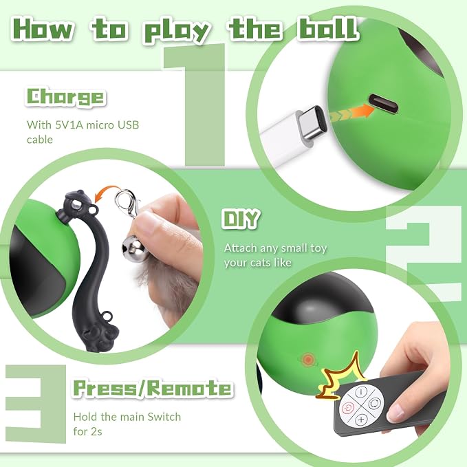 Interactive Cat Toy Ball, Automatic Self-Rolling Cat Toy with Feather Tail, Rechargeable Smart Cat Ball for Indoor Cats（Dark Green）