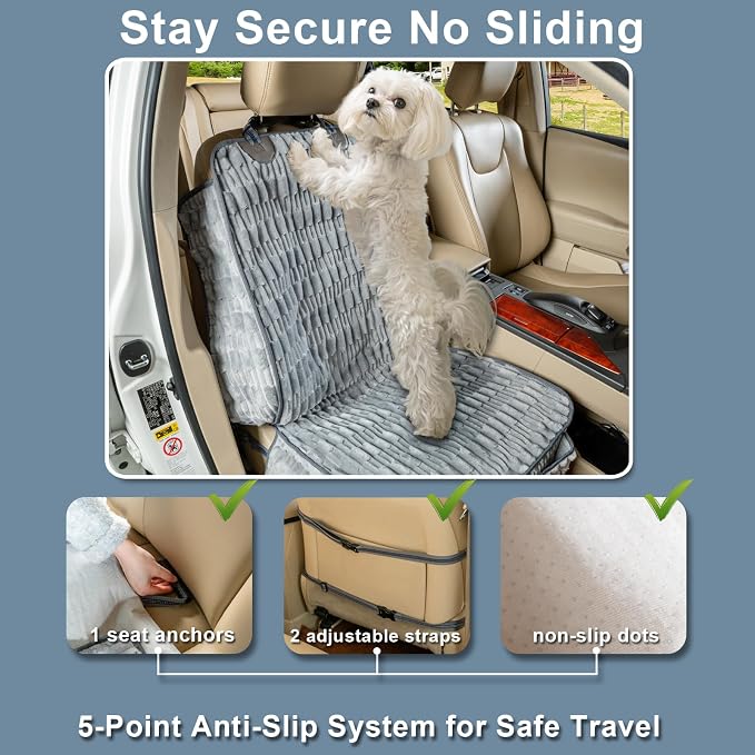 Front Seat Dog Car Seat Cover, Plush Waterproof Protector, Grey | Non-Slip Backing, Soft, Side Flaps, Full Coverage, Hair, Dirt & Scratch Defense, Machine Washable, Fits Cars, SUVs & Trucks