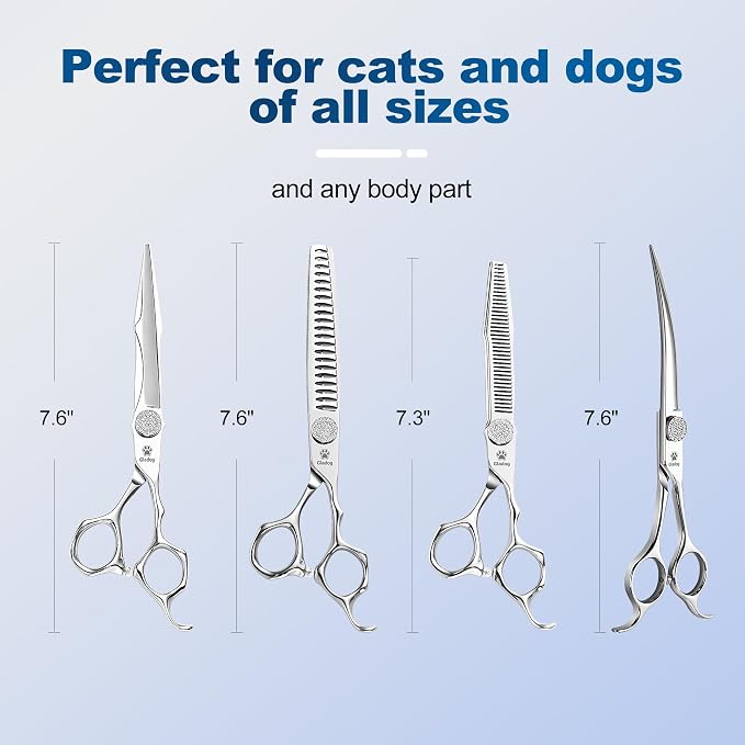 GLADOG Luxury Dog Grooming Scissors Set - 7" Straight, 6.5" Thinning, 7" Chunkers, 7" Curved - 9CR Steel, Silver Luxe, Right Hand, Plastic Handle, 4 Count