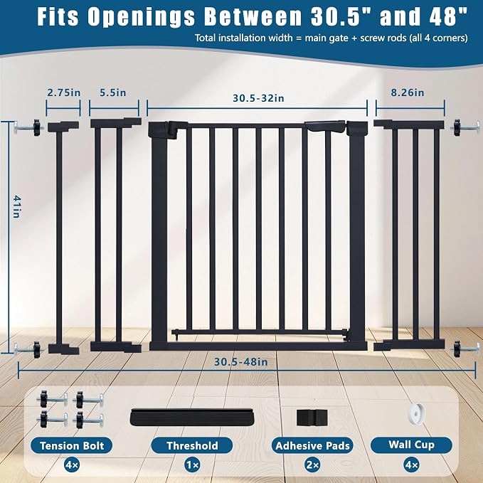 Rgqphantom 41" Tall Safety Pet Gate,Adjustable 30.5"-48" Wide (Black) | Auto Close Cat Gate Suitable for Stairs,Doorways,White, Pet Safety Barrier
