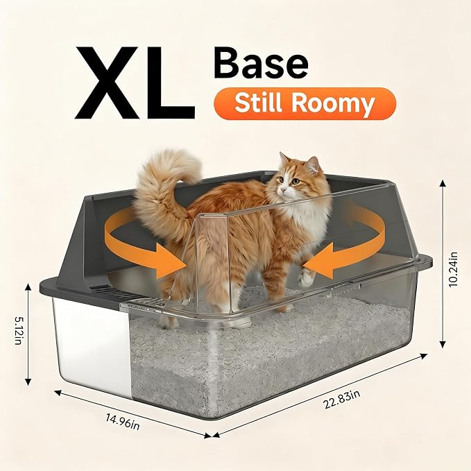Stainless Steel Litter Box with High Sides, XL | High Sided Cat Litter Pan, Open Top Extra Large Metal Cat Litter Box, Non-Stick, Odor Free, Leakproof, Scoop Included, Gray