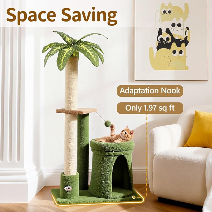 41" Cat Tree Tower Condo Scratch Post Stand for Indoor Small Cats | Palm Tree Compact Space Saving Scratch Post Stand with Cozy Bed, Great for Kitten Climbing, Scratching Playing & Resting