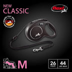 FLEXI® Classic Cord Retractable Dog Leash, Medium, 26 ft - Black | German engineered, original flexi leash, durable quality for dogs up to 44 lbs, tangle-free, walking, reliable brake system