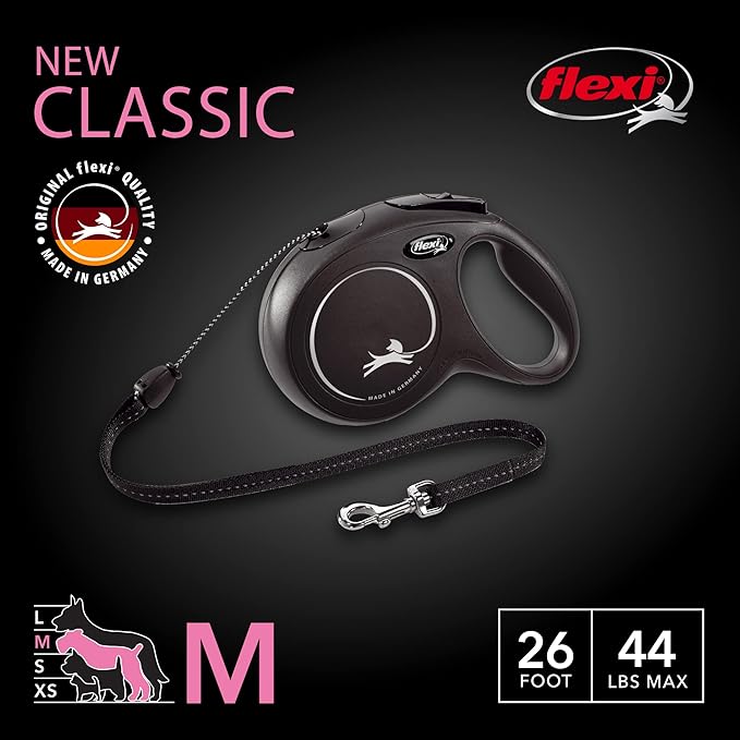 FLEXI® Classic Cord Retractable Dog Leash, Medium, 26 ft - Black | German engineered, original flexi leash, durable quality for dogs up to 44 lbs, tangle-free, walking, reliable brake system