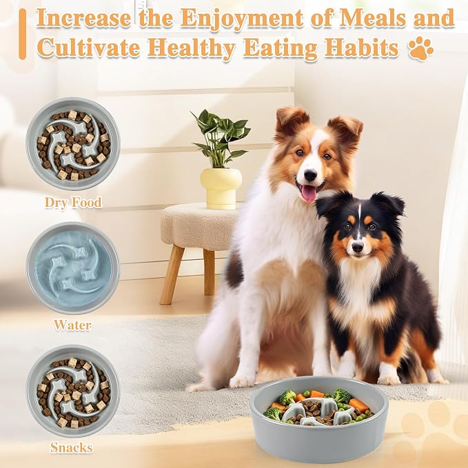 Ceramic Slow Feeder Dog Bowls,0.6 Cups Dog Food Dish for Small Breed | Puzzle Dog Food Bowl for Fast Eater, 15OZ, 6.3 inch(Grey)