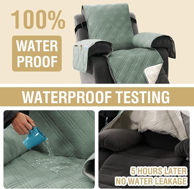H.VERSAILTEX 100% Waterproof Recliner Cover 1-Piece Reversible Lazy Boy Recliner Chair Covers Furniture Protector with Elastic Straps for Pets Kids Sitting Width Up to 23" (Recliner, Lily Pad/Beige)