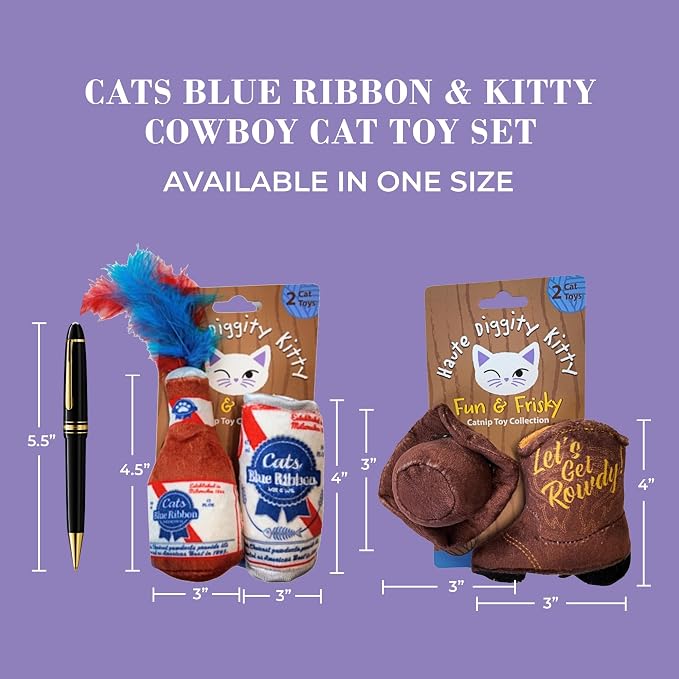 Haute Diggity Kitty Cats Blue Ribbon + Kitty Cowboy Set Soft Plush Cat Toys | 4 Pack Catnip Toys with Interactive Crackle & Feathers, Safe & Durable Cat Nip Kicker Toy for Outdoor & Indoor Cats & Kitten